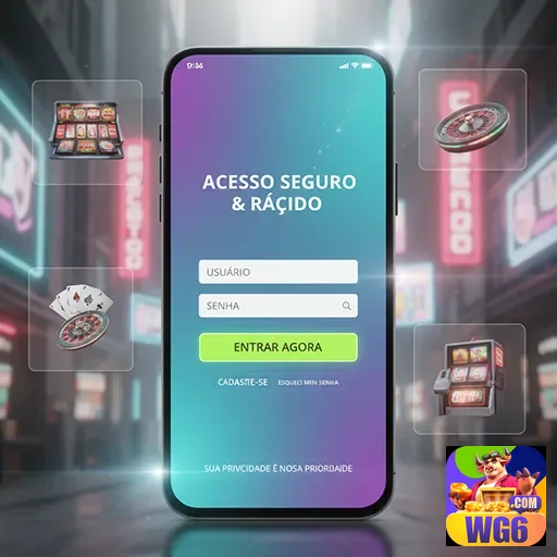 wg6 exibe tela de login com jogos de slots e cartas.