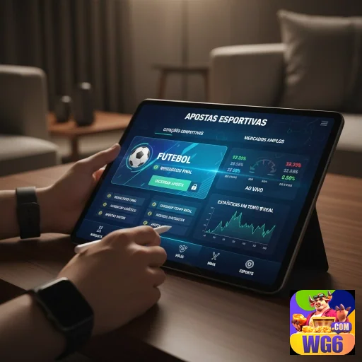 wg6 exibe um tablet com apostas esportivas em destaque.