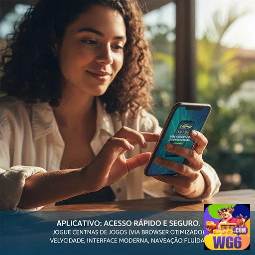 Usuária do wg6 jogando slots em smartphone com foco no app.