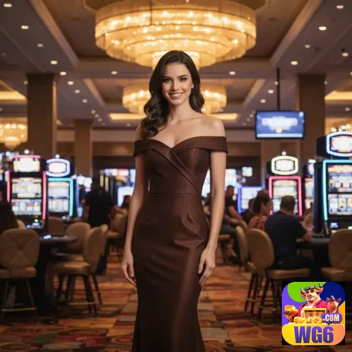Jogadora em cassino elegante com máquinas de slot no wg6.