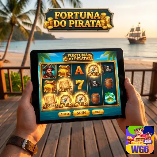 Jogador com tablet mostrando jogo Fortuna do Pirata no wg6