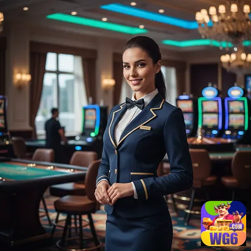 Funcionária da wg6 em ambiente sofisticado de cassino.