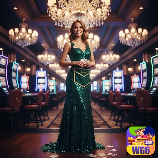 Croupier da wg6 em cassino com máquinas de jogo ao fundo.